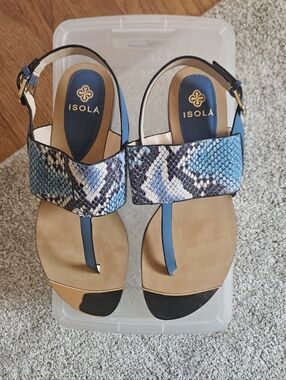Isola Blue and Black Snake-Print Leather Thong Sandals